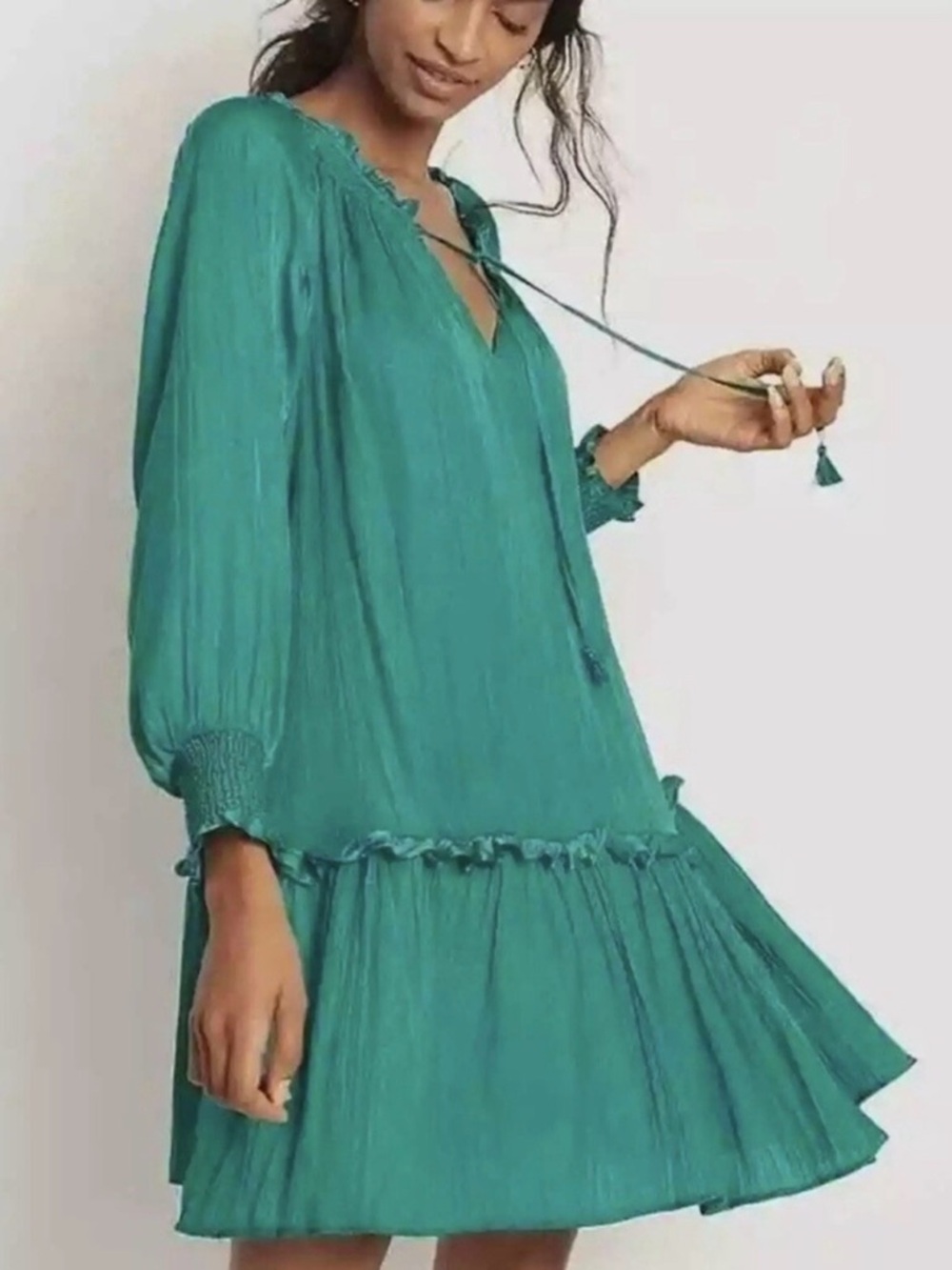 Anthropologie Giulia Long Puff Sleeve Green Spliced Neck Tie Tunic Dress Size XS - Picture 3 of 7